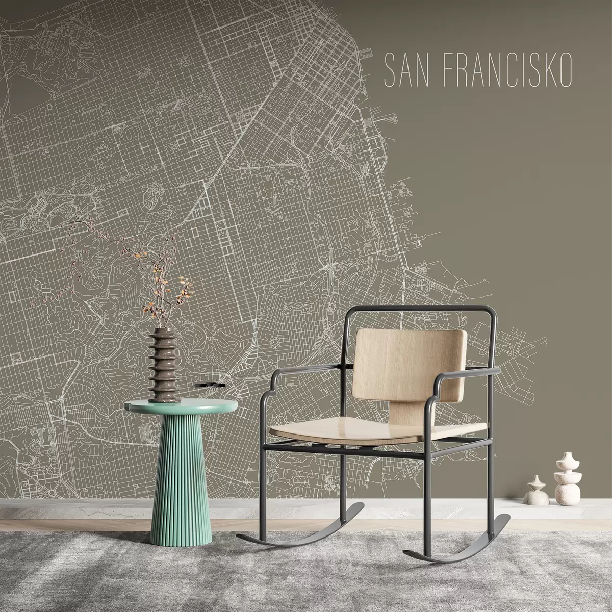 murales de pared Mapa ampliado Mural mural de la ciudad de San Francisco sobre fondo marrón  w01025v1