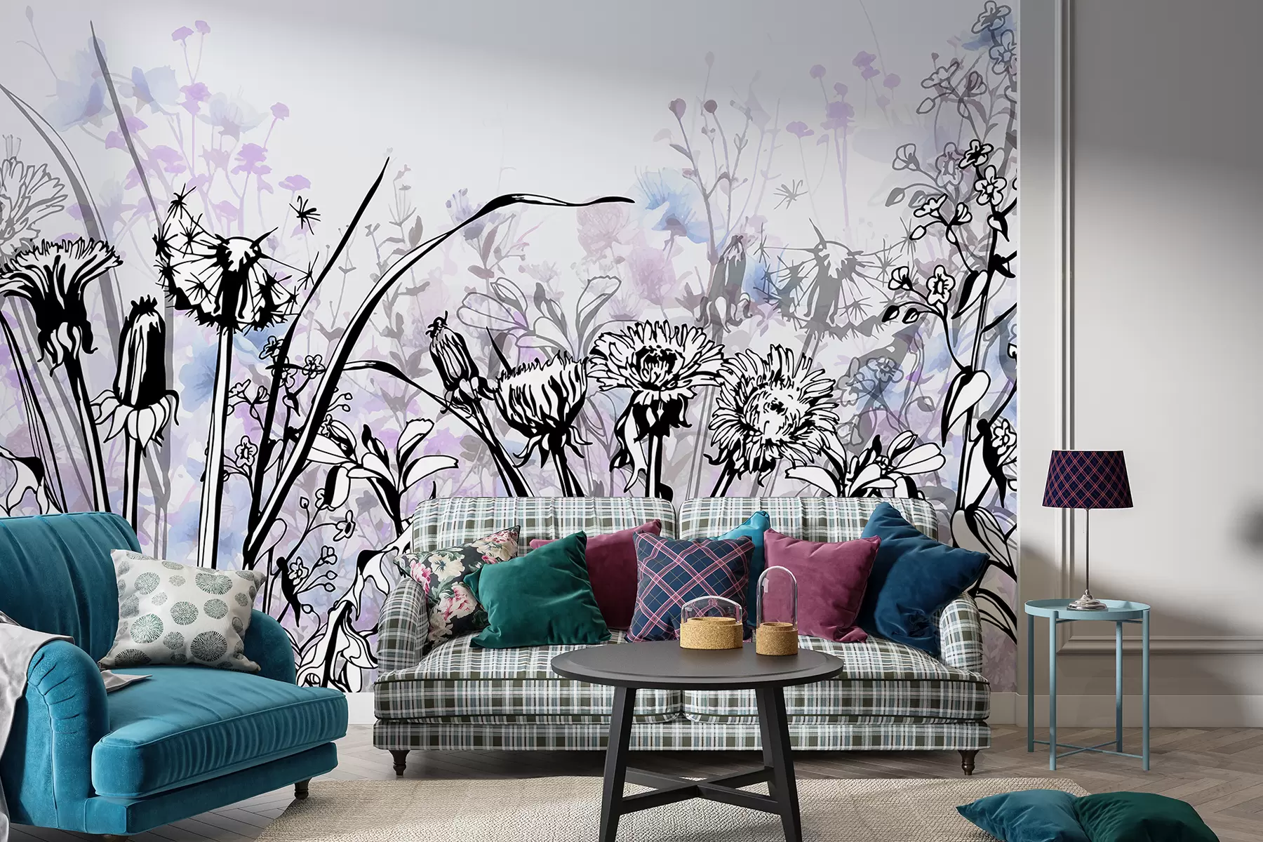 murales de pared Un campo de flores silvestres y hierbas en tonos de púrpura, negro y blanco sobre un fondo claro. w08236