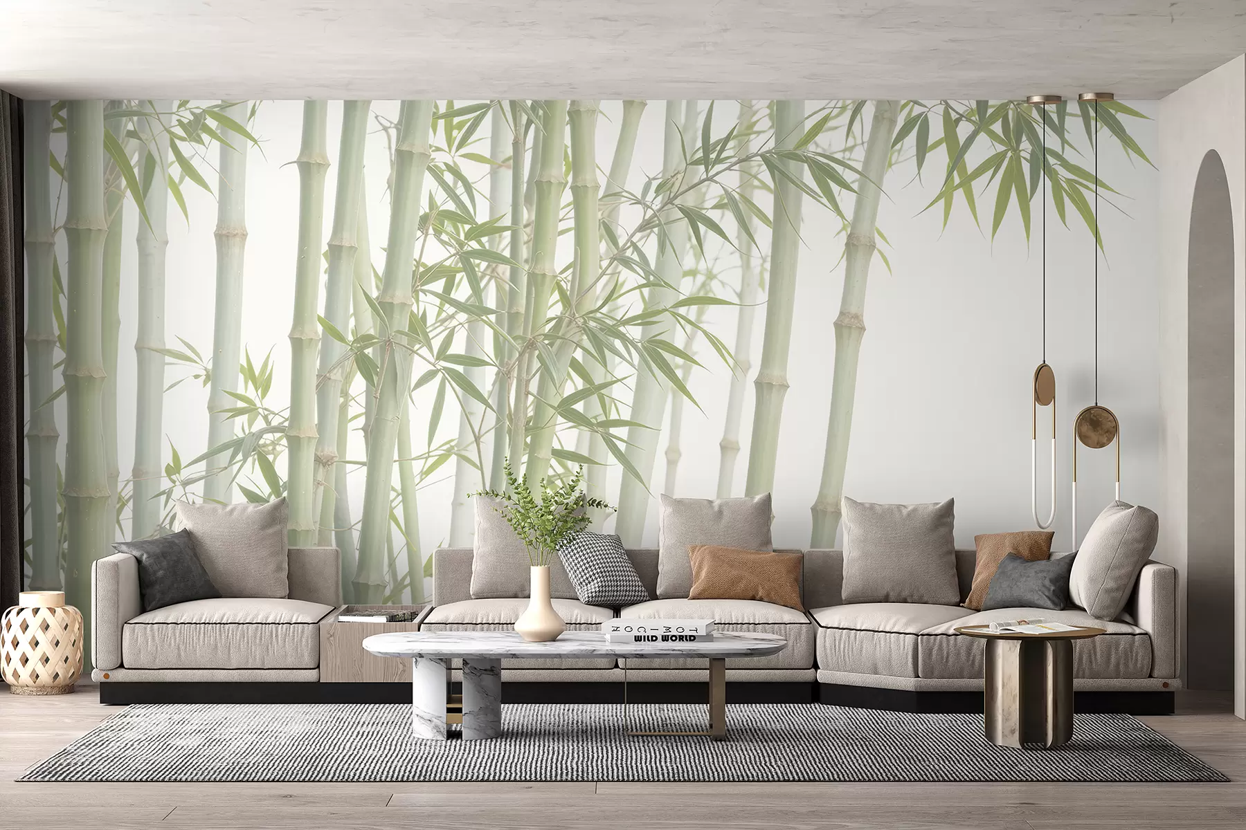 murales de pared Un denso bosque de bambú con altos tallos de bambú y hojas verdes sobre un fondo suave y brumoso. w08237