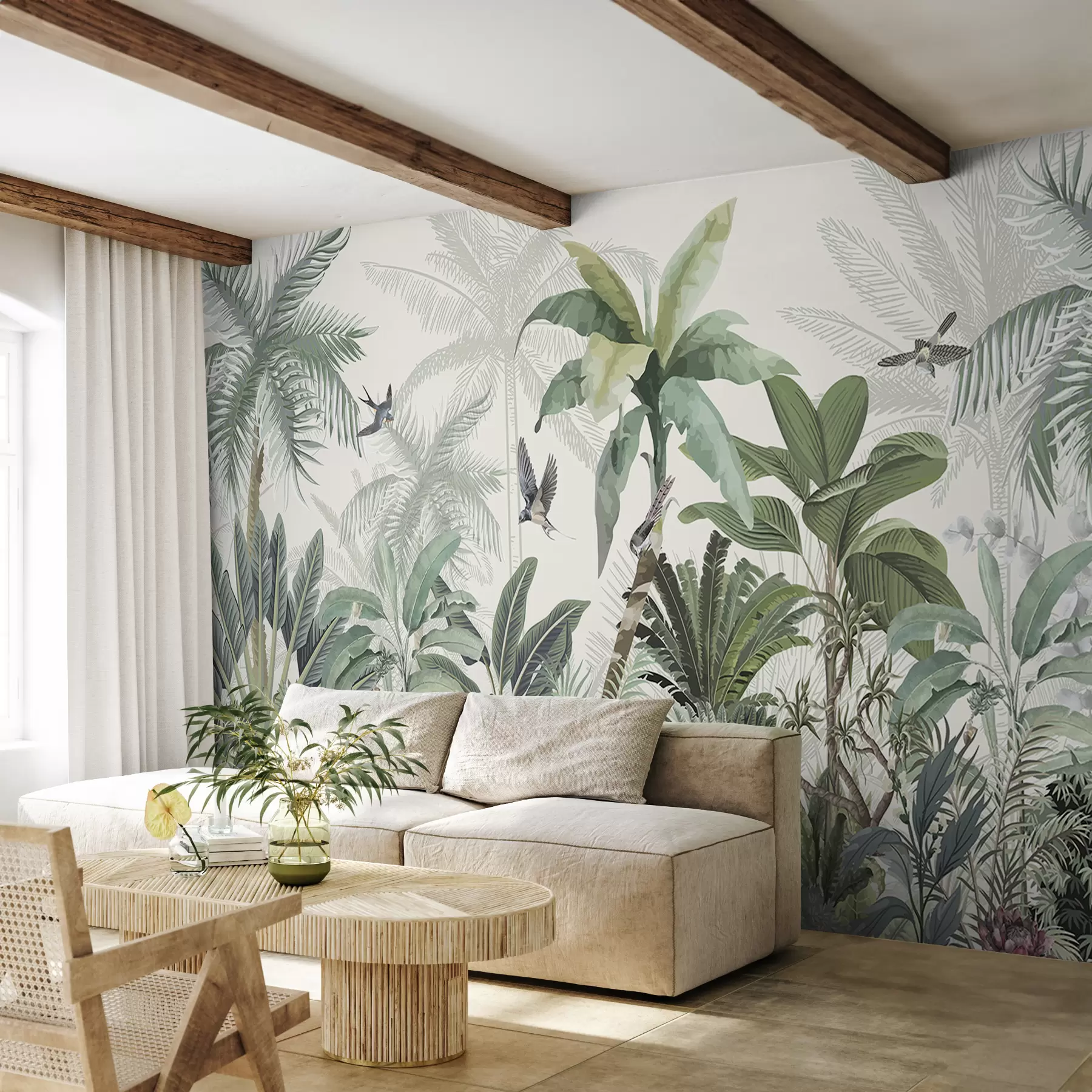 murales de pared Una exuberante escena de jungla tropical con varias palmeras, hojas grandes y flores coloridas en primer plano w08239