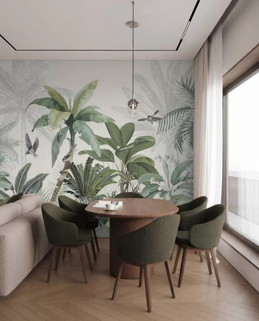 murales de pared Una exuberante escena de jungla tropical con varias palmeras, hojas grandes y flores coloridas en primer plano w08239