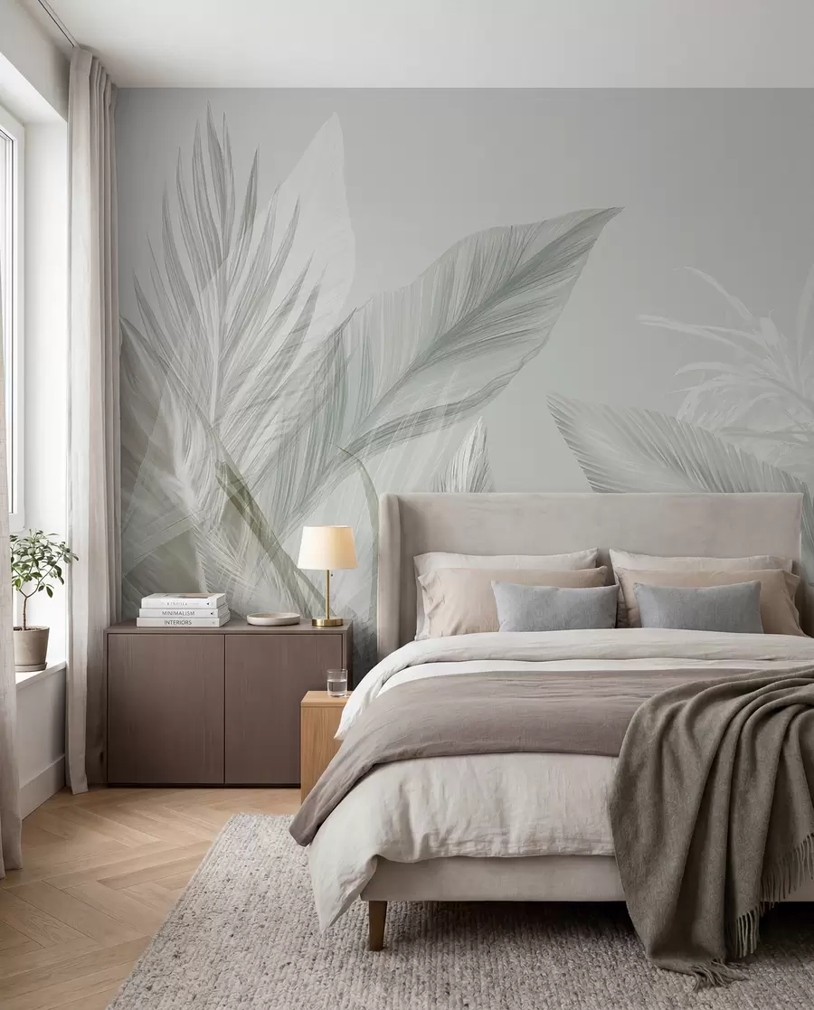 murales de pared Suaves plumas blancas, verdes y grises y hojas tropicales flotando sobre un fondo claro w08241