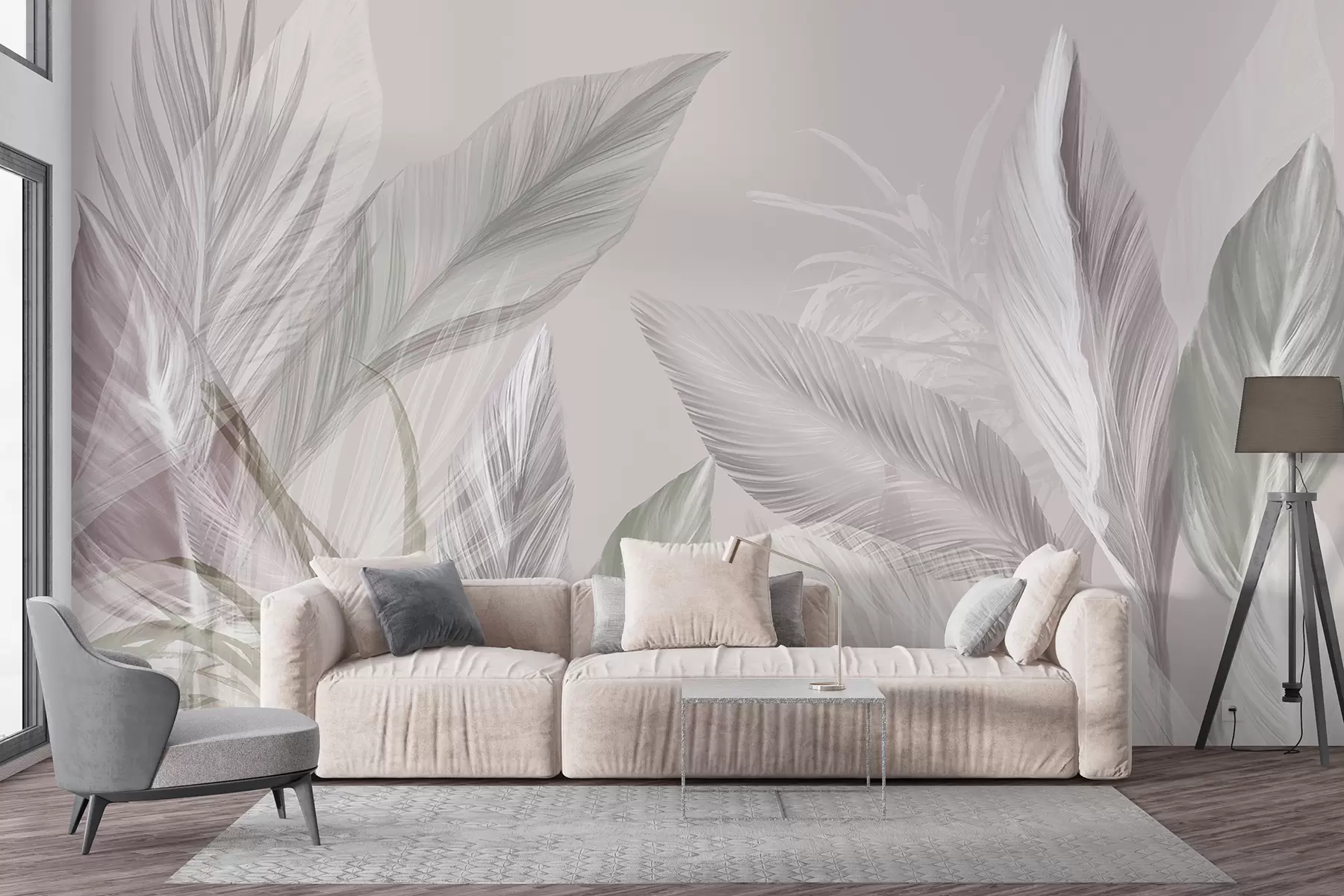 murales de pared Plumas suaves de color blanco, rosa y gris y hojas tropicales flotando sobre un fondo claro w08241v1