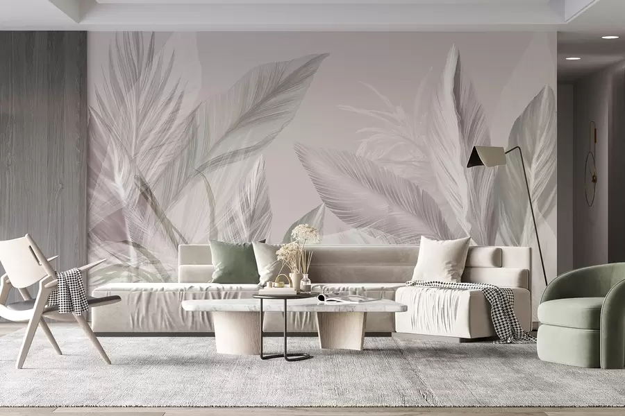 murales de pared Plumas suaves de color blanco, rosa y gris y hojas tropicales flotando sobre un fondo claro w08241v1