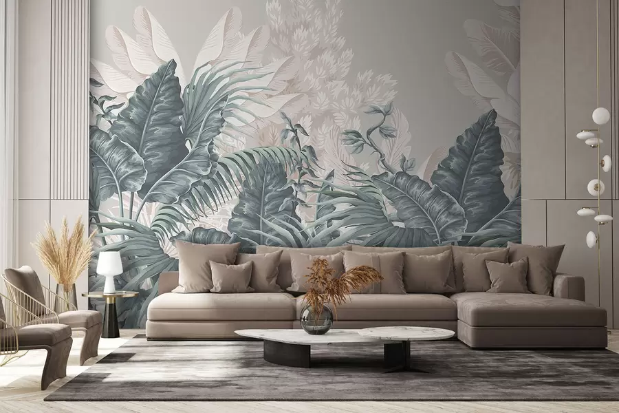 murales de pared Una escena de jungla tropical con grandes hojas verdes y flores en primer plano, creando una atmósfera exuberante w08242