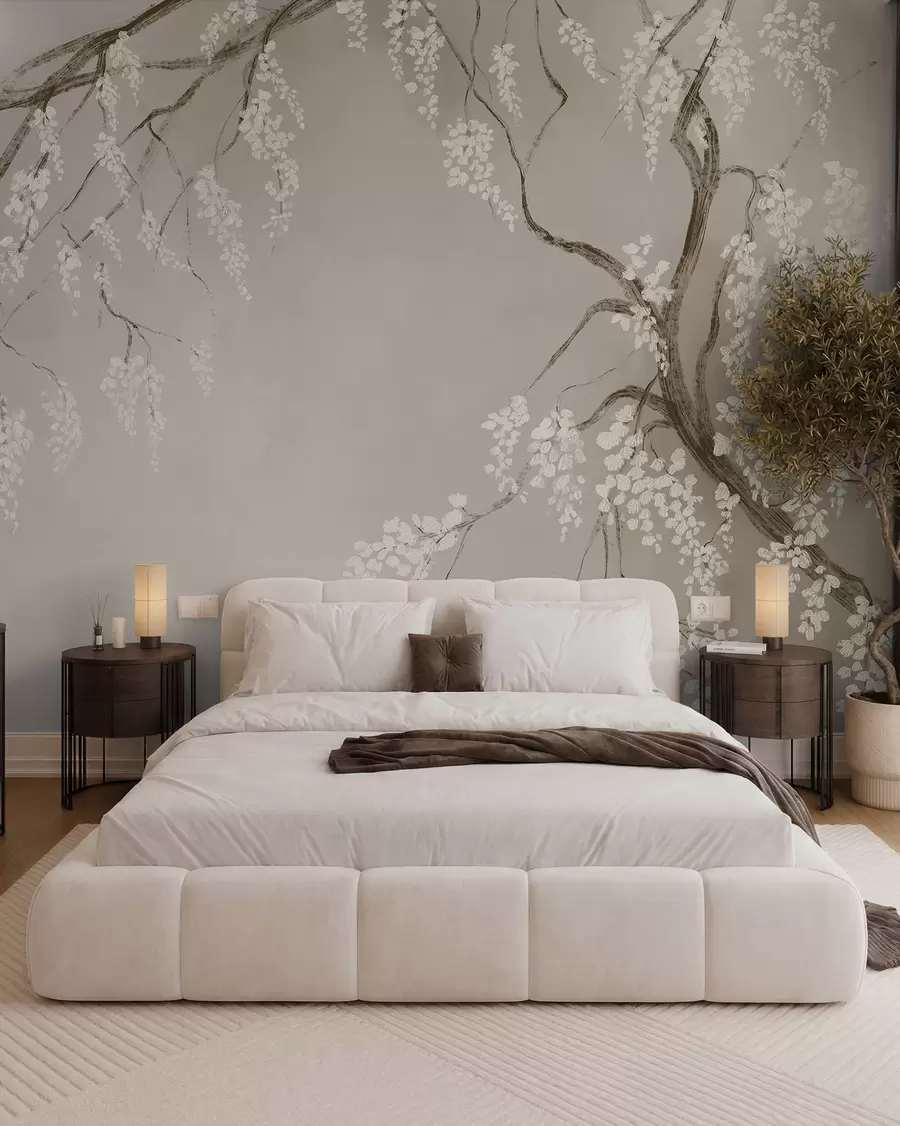 murales de pared Delicado cerezo blanco con flores floreciendo en las ramas sobre un fondo beige w08243