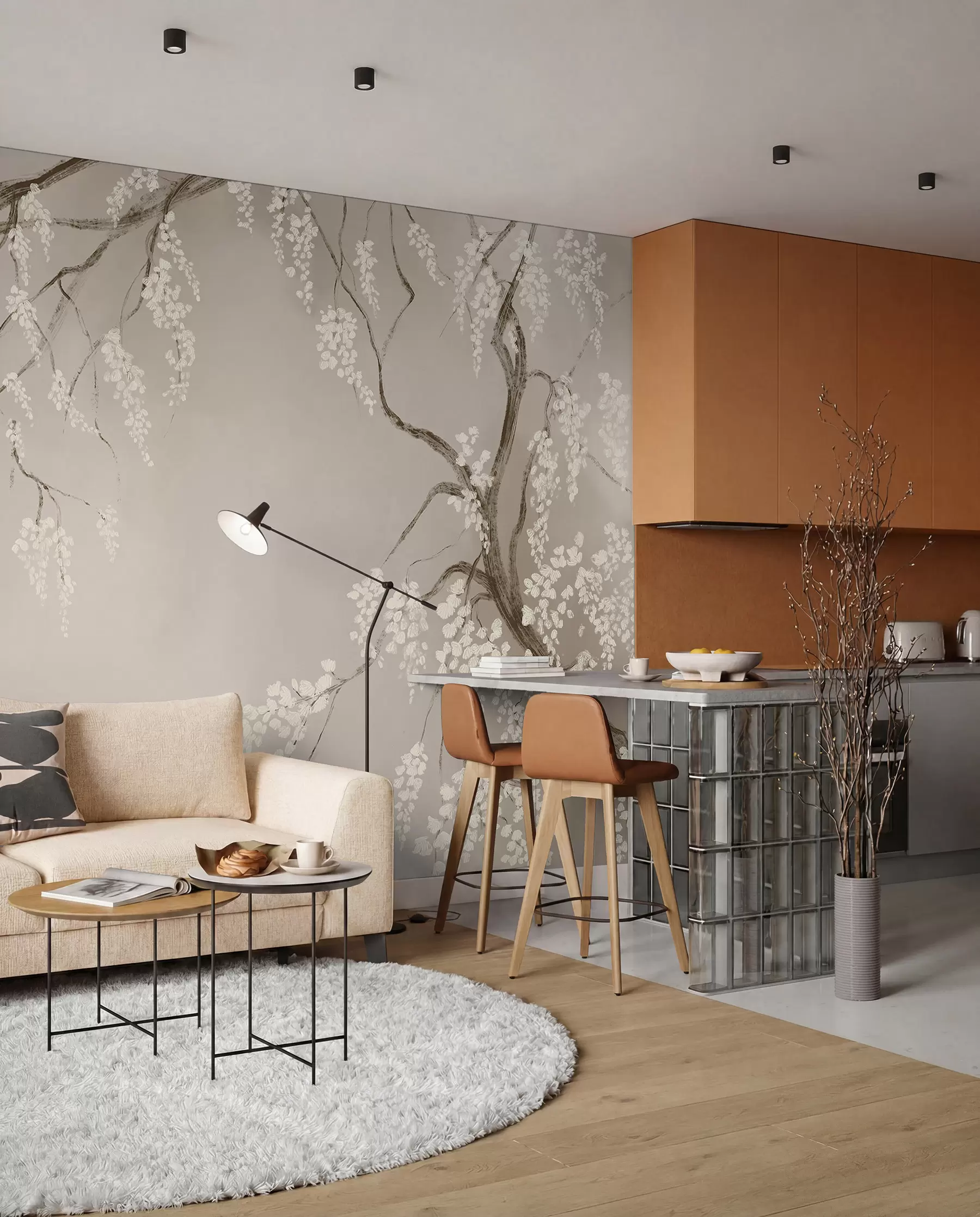 murales de pared Delicado cerezo blanco con flores floreciendo en las ramas sobre un fondo beige w08243