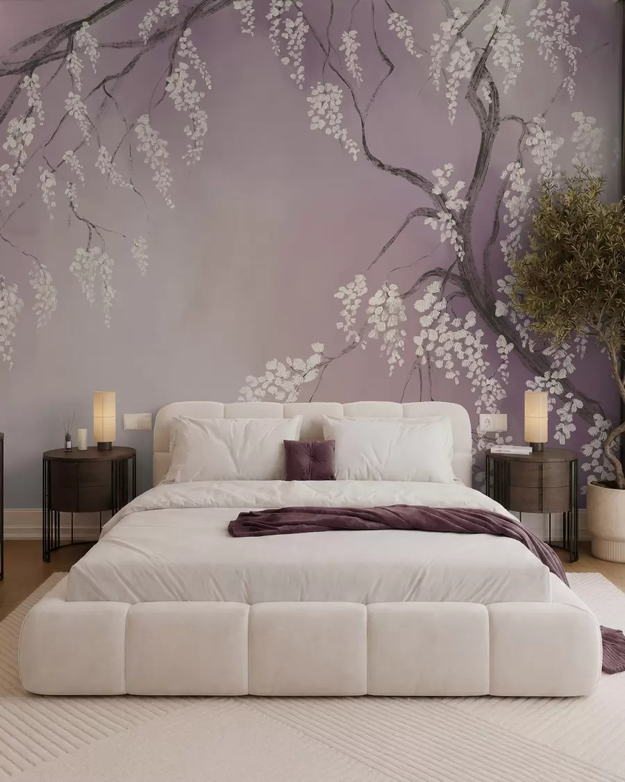 murales de pared Delicado cerezo blanco con flores floreciendo en las ramas sobre un fondo rosa w08243v2