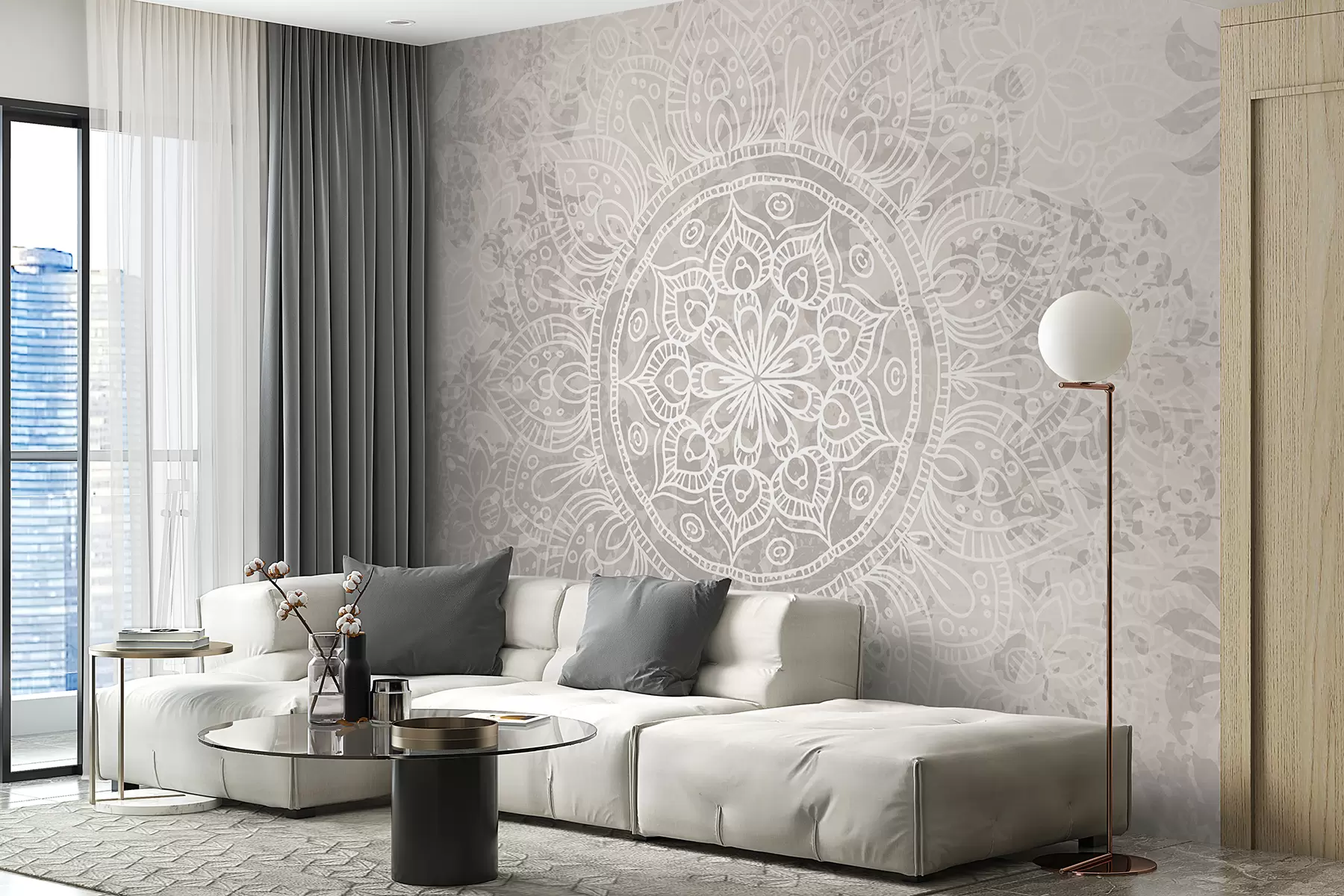 murales de pared Un patrón de mandala blanco detallado sobre un fondo vintage texturizado de color gris claro w08246