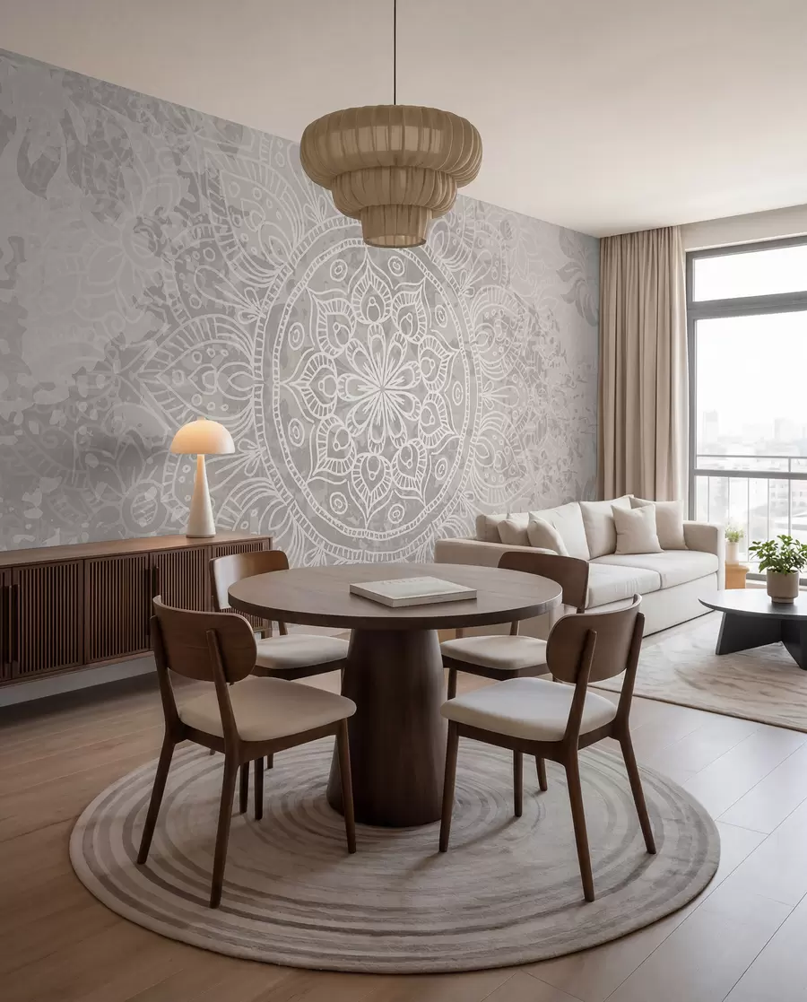 murales de pared Un patrón de mandala blanco detallado sobre un fondo vintage texturizado de color gris claro w08246
