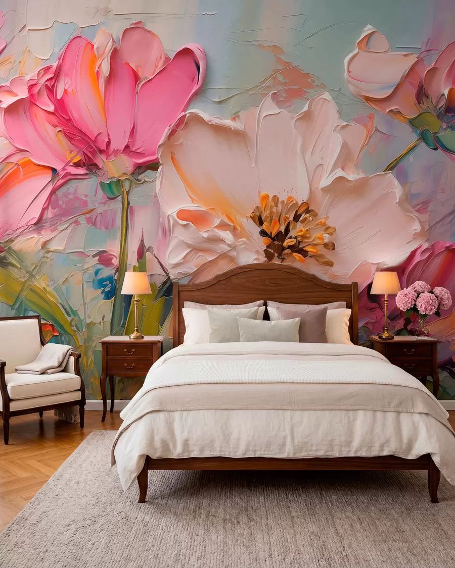 murales de pared Flores de color rosa brillante sobre un fondo gris azulado claro w01039