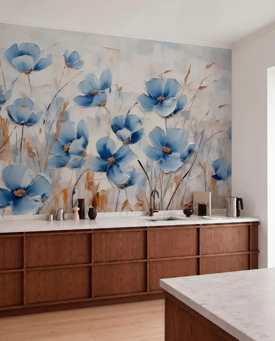 murales de pared Flores azules sobre fondo abstracto, imitación de pinceladas de óleo w01045