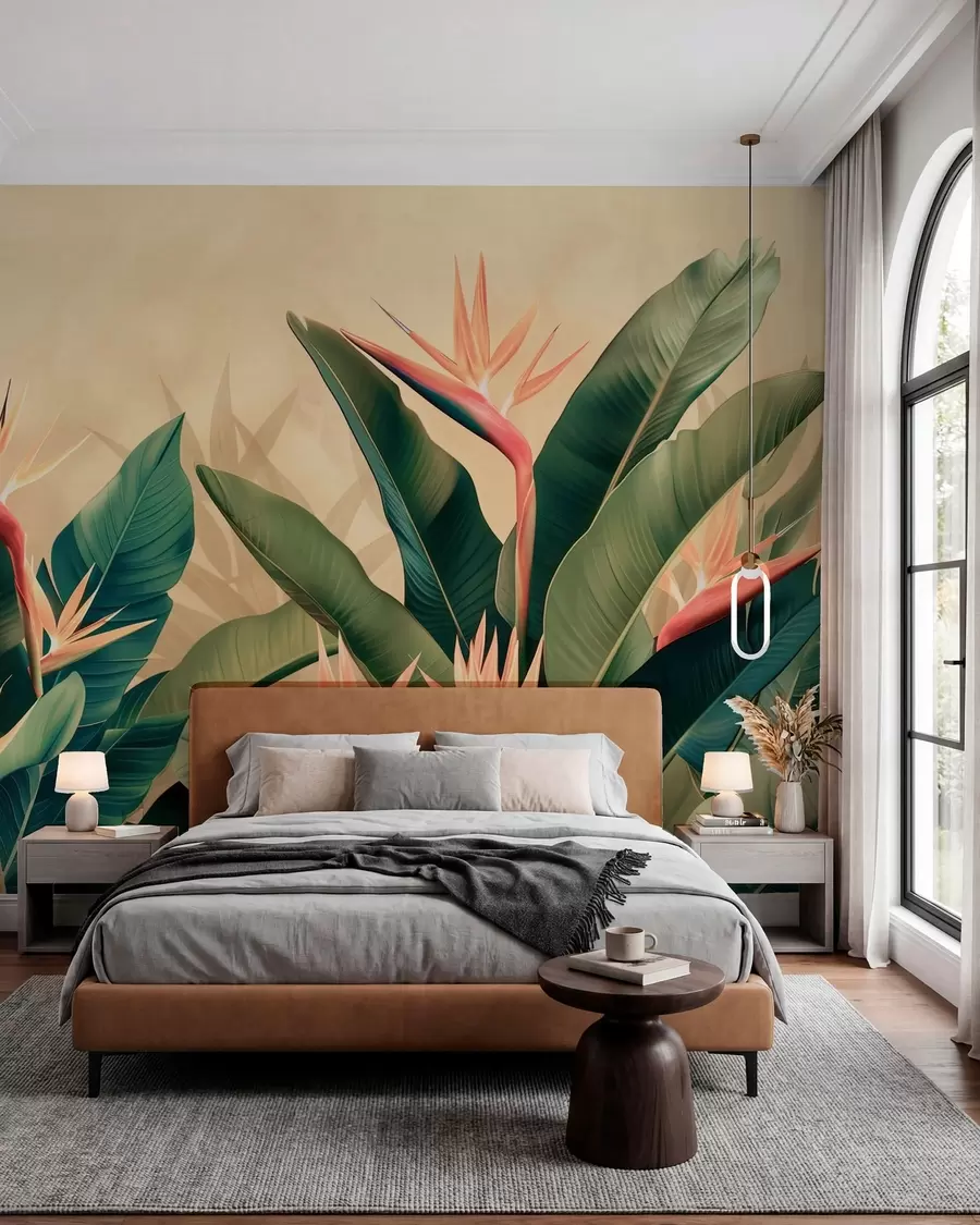 murales de pared Arreglo exuberante de flores tropicales rodeadas de grandes hojas de color verde oscuro w01484v1