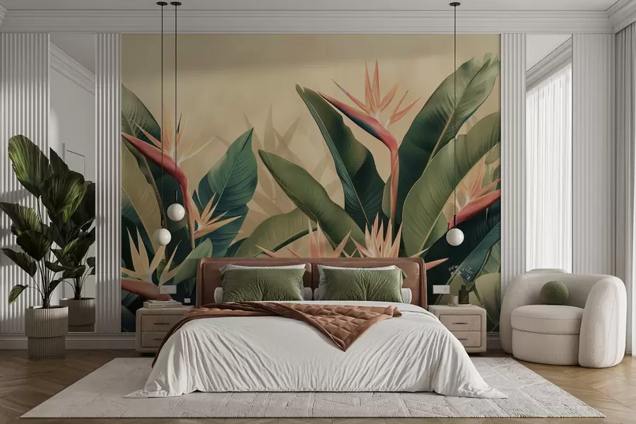 murales de pared Arreglo exuberante de flores tropicales rodeadas de grandes hojas de color verde oscuro w01484v1