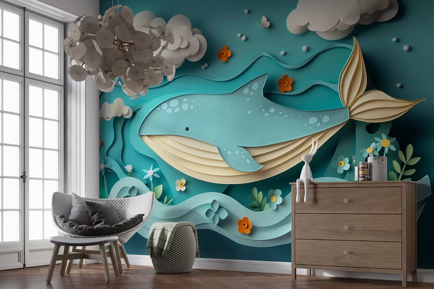 murales de pared Ballena juguetona en las nubes en estilo de corte de papel, efecto 3D w01496