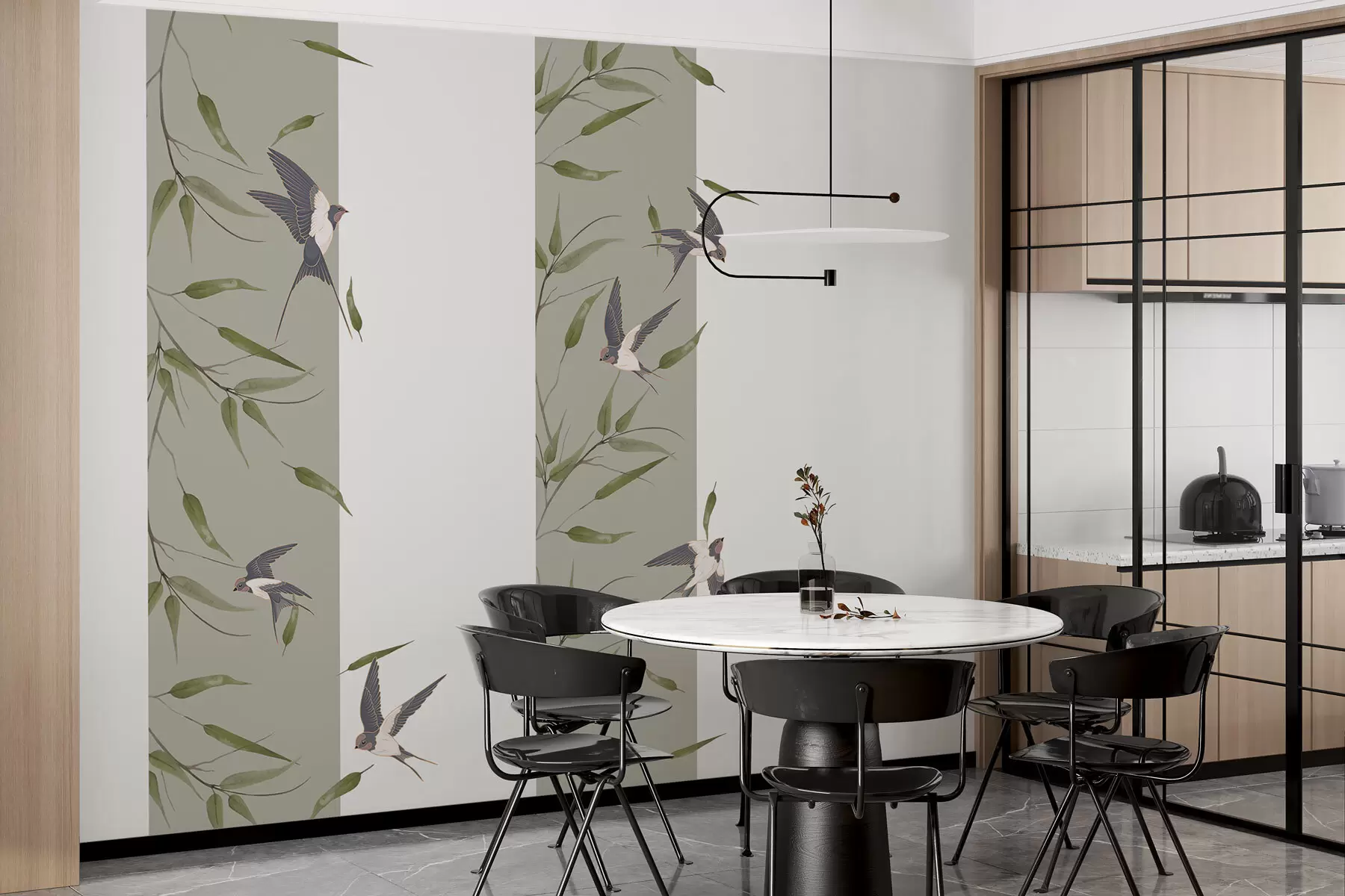 murales de pared Diseño botánico con hojas y pájaros. w01490