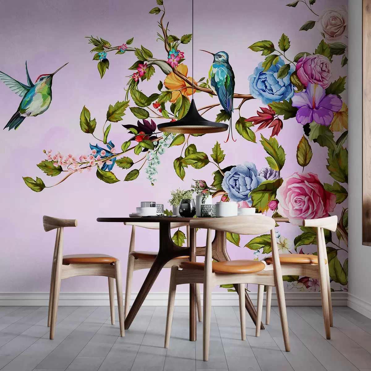 Murales de pared Grandes ramas con flores brillantes sobre un fondo rosa. w01084 murales de pared Grandes ramas con flores brillantes sobre un fondo rosa. w01084