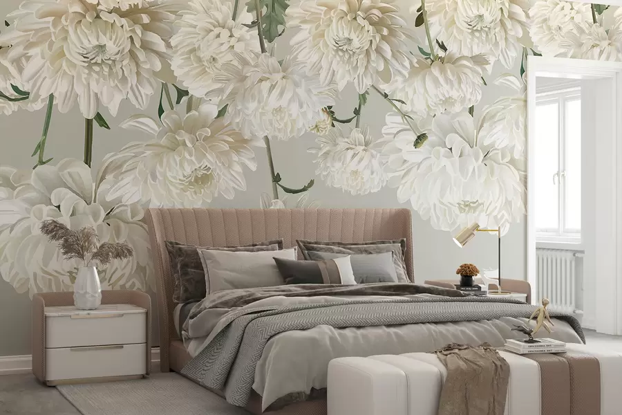 murales de pared Flores blancas de crisantemo con hojas verdes sobre fondo gris claro w08251