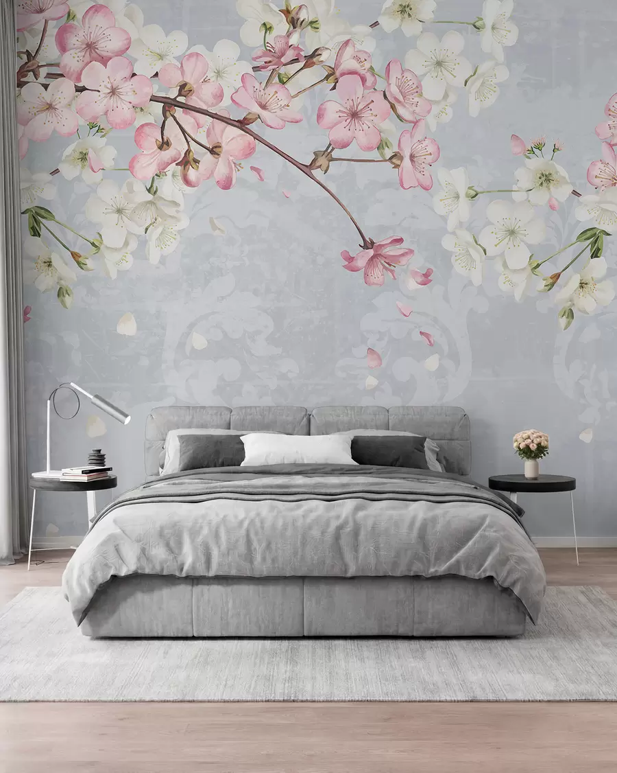 murales de pared Flores de cerezo rosas y blancas en plena floración, con suaves pétalos que caen sobre un fondo azul texturizado w08254