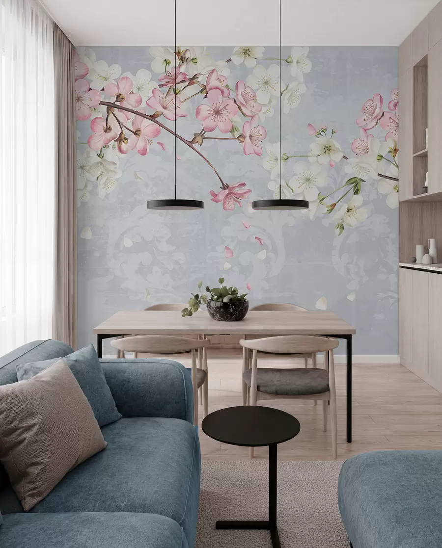 murales de pared Flores de cerezo rosas y blancas en plena floración, con suaves pétalos que caen sobre un fondo azul texturizado w08254