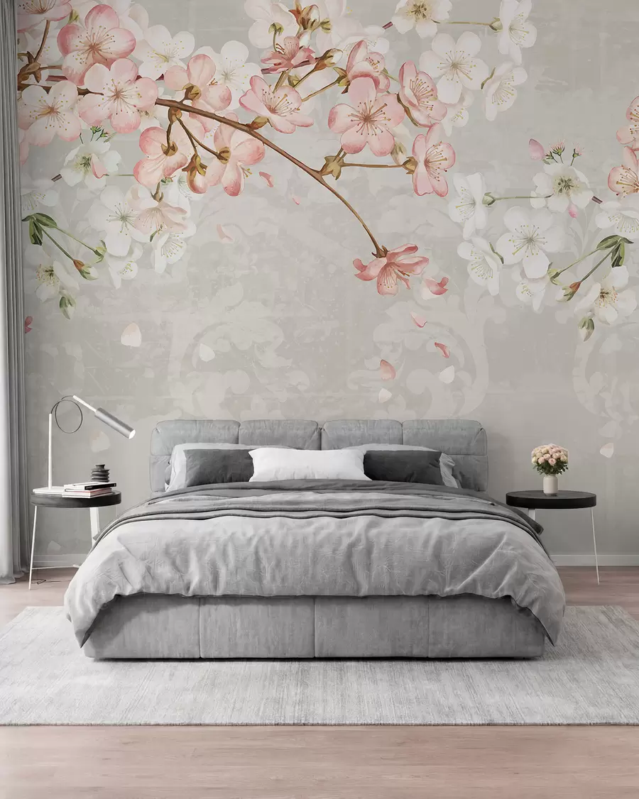 murales de pared Flores de cerezo rosas y blancas en plena floración, con suaves pétalos que caen sobre un fondo beige texturizado w08254v1