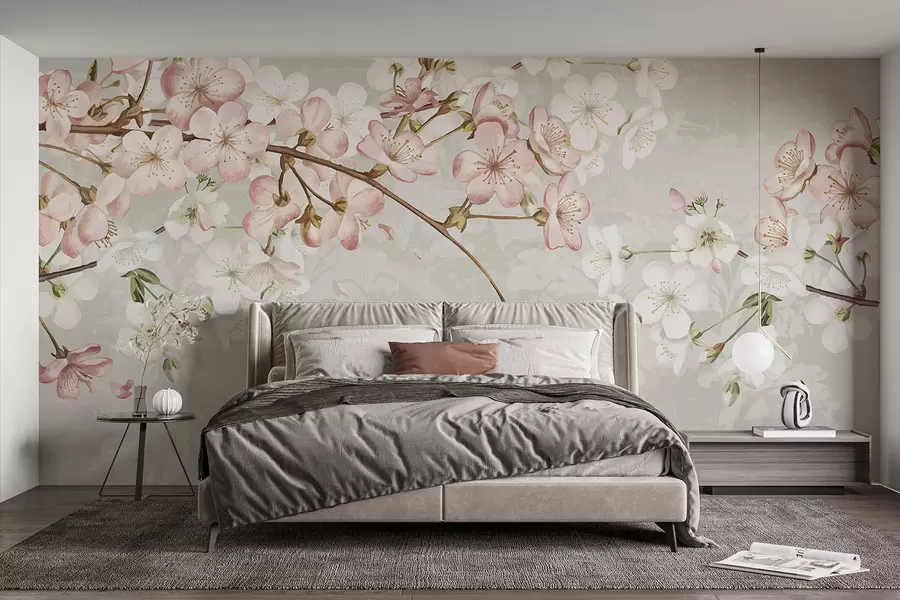 murales de pared Flores de cerezo rosas y blancas en plena floración, con suaves pétalos que caen sobre un fondo beige texturizado w08254v1