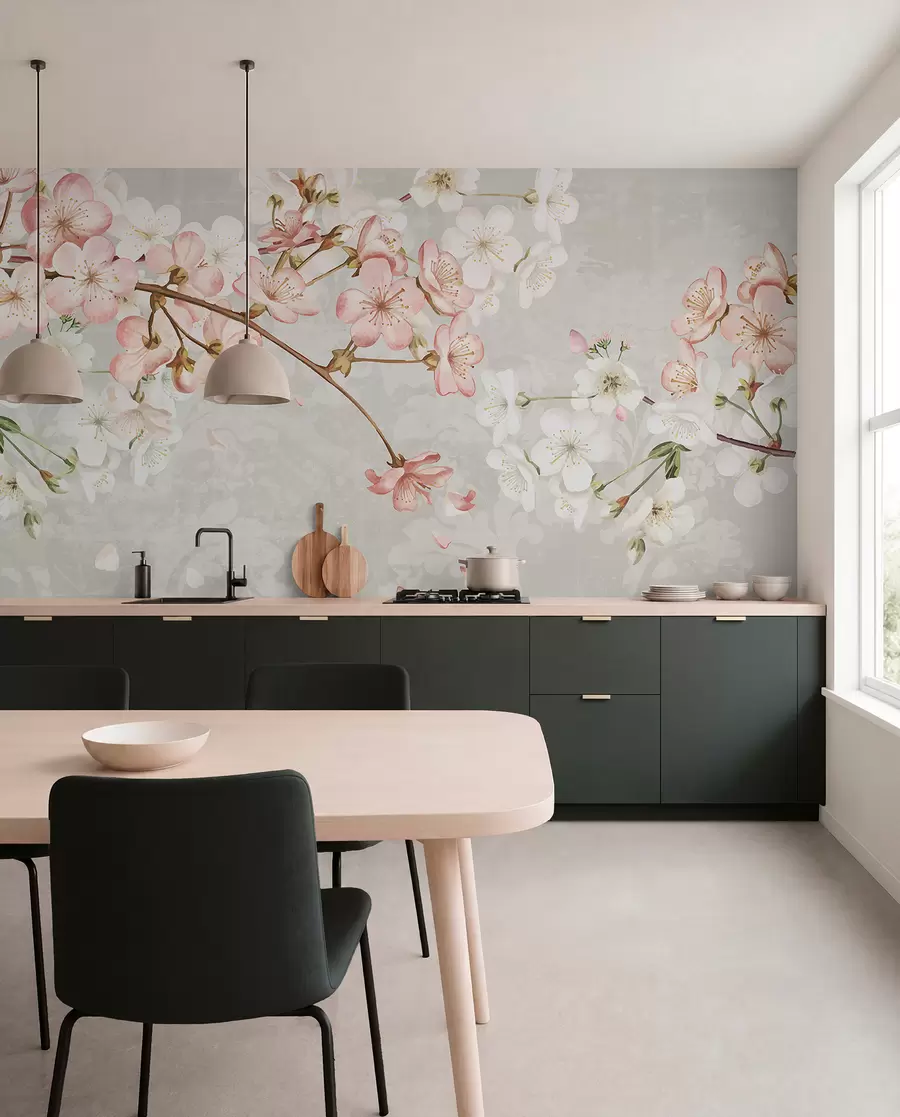 murales de pared Flores de cerezo rosas y blancas en plena floración, con suaves pétalos que caen sobre un fondo beige texturizado w08254v1