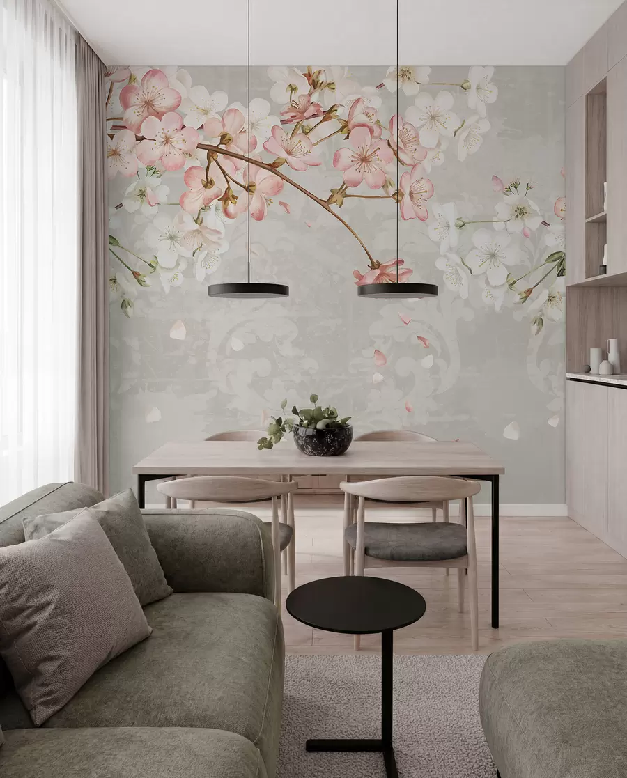murales de pared Flores de cerezo rosas y blancas en plena floración, con suaves pétalos que caen sobre un fondo beige texturizado w08254v1