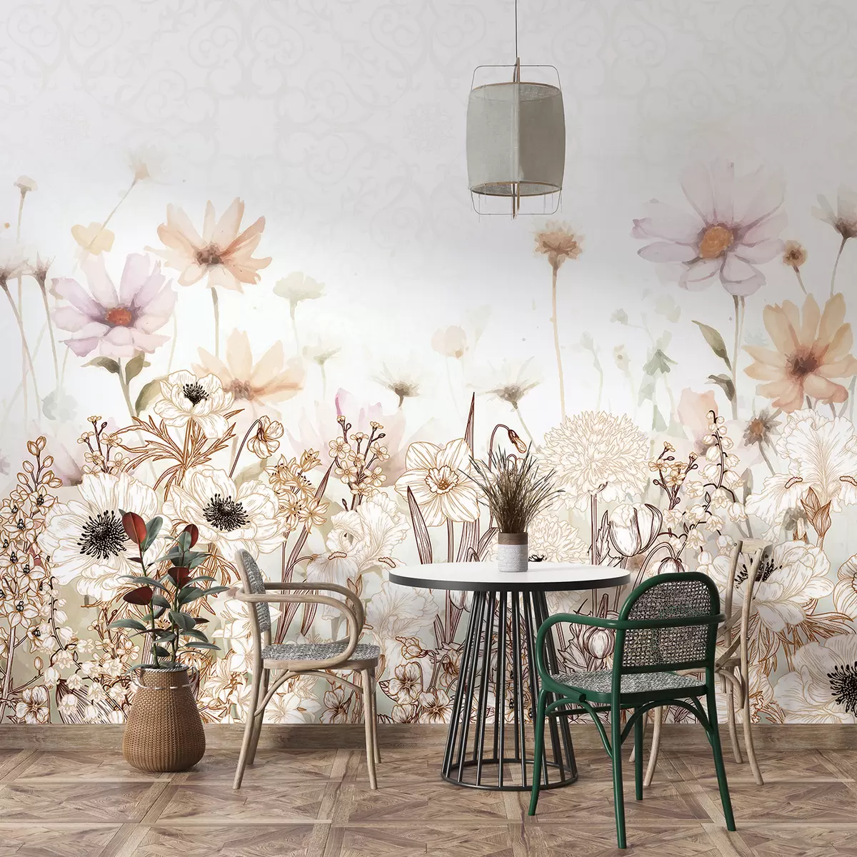 Murales de pared Un campo de flores y follaje blanco, beige y rosa sobre un fondo floral suave y difuminado w08259 murales de pared Un campo de flores y follaje blanco, beige y rosa sobre un fondo floral suave y difuminado w08259