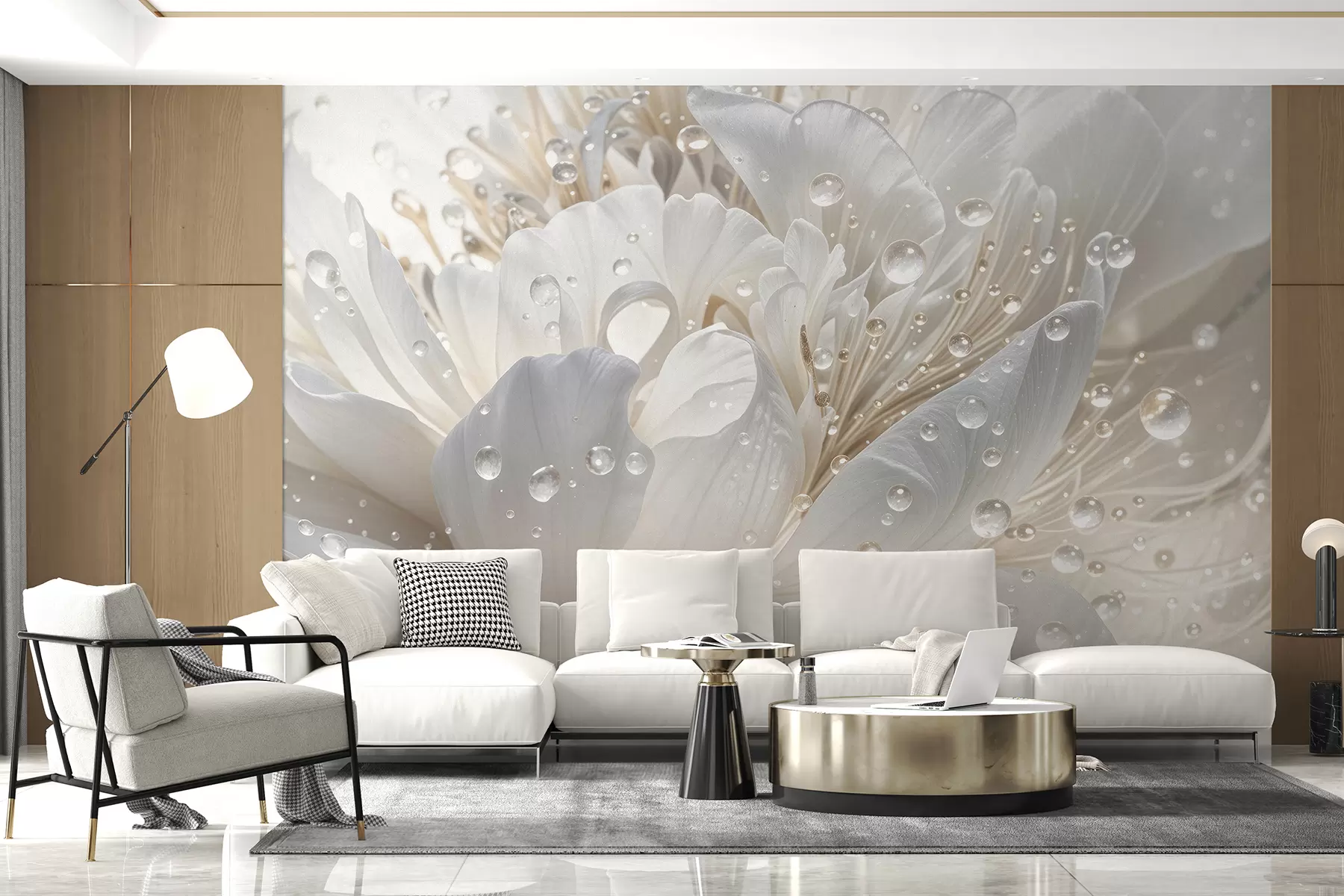murales de pared Primer plano de una flor de peonía blanca con delicados pétalos y gotas de agua w08262