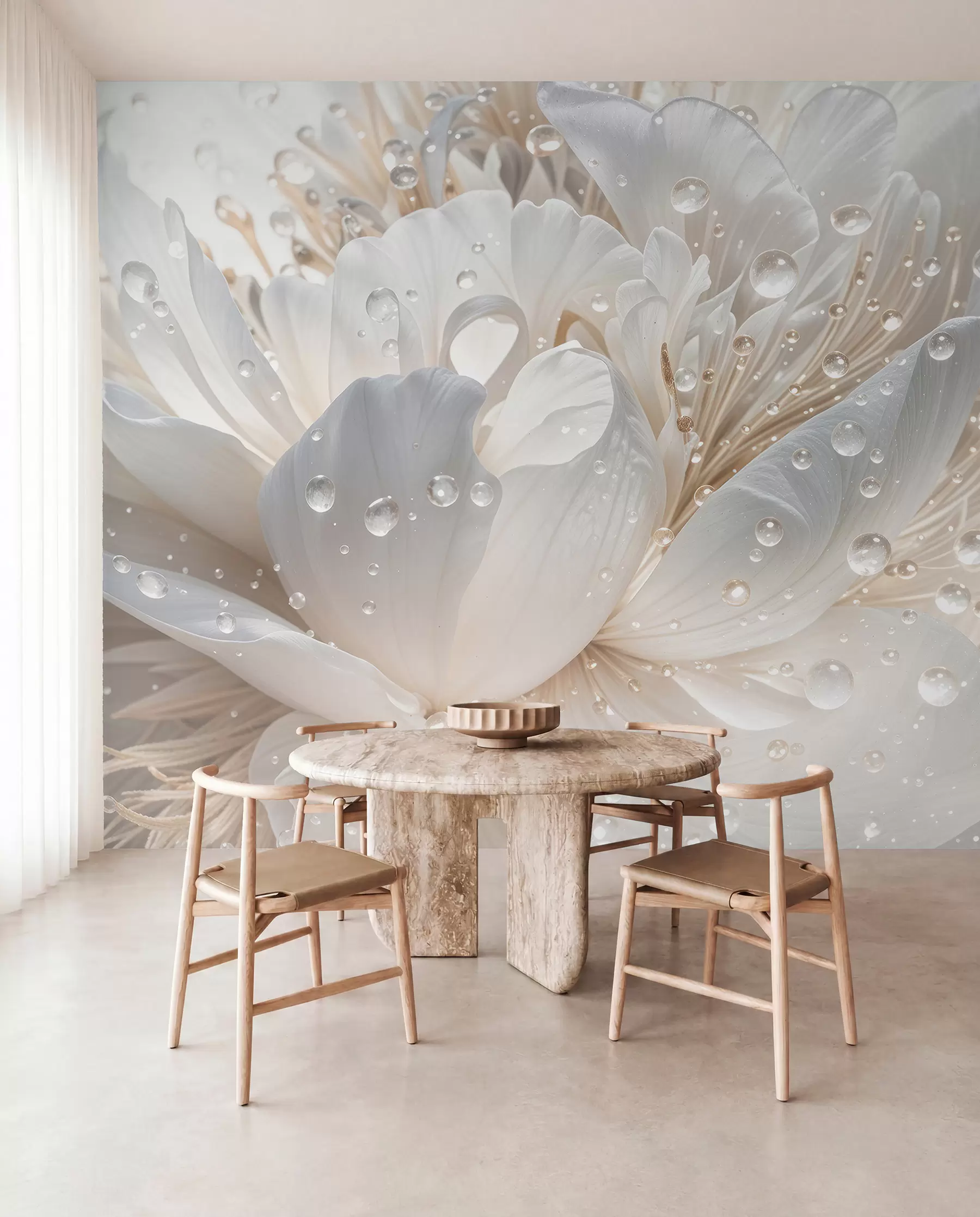 murales de pared Primer plano de una flor de peonía blanca con delicados pétalos y gotas de agua w08262