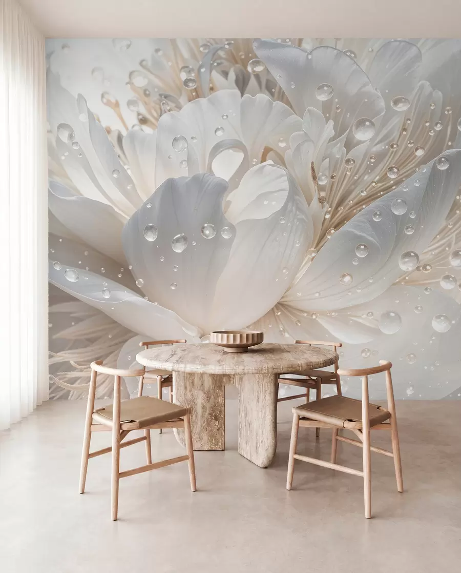murales de pared Primer plano de una flor de peonía blanca con delicados pétalos y gotas de agua w08262