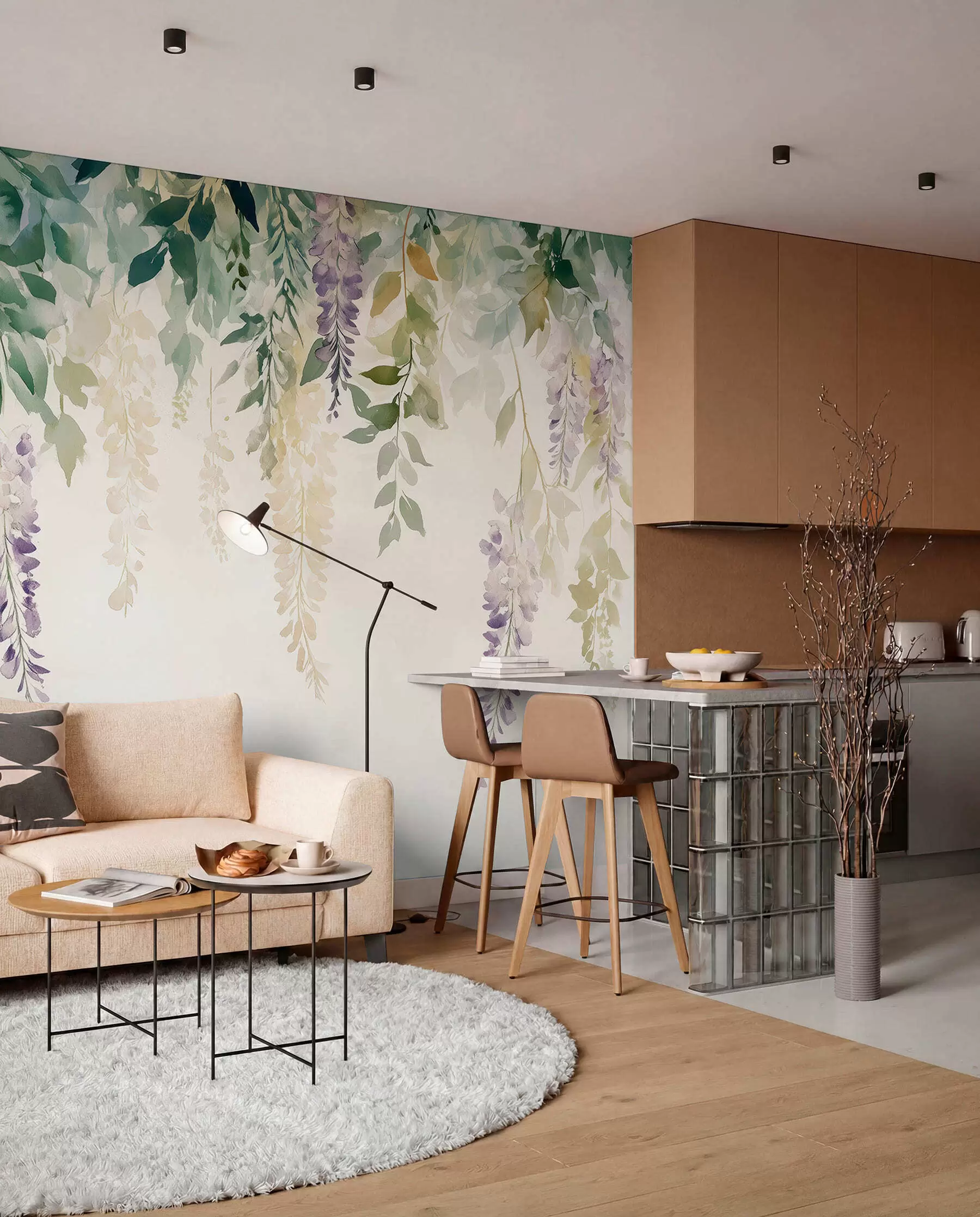 murales de pared Adorno de flor de glicina, floral, acuarela, colores naturales w01545