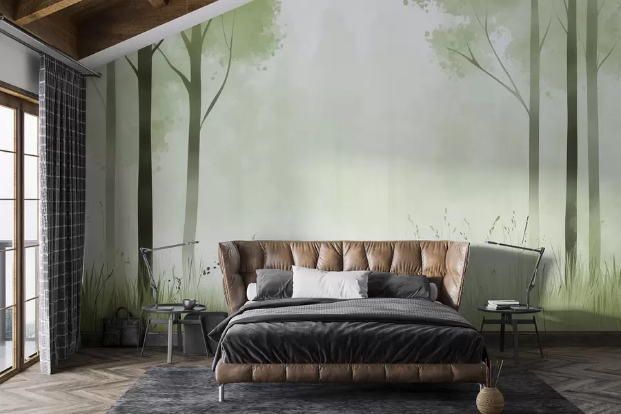murales de pared Acuarela bosque, niebla, árboles, hierba, paisaje natural, color verde w01563v2