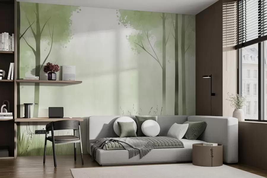 murales de pared Acuarela bosque, niebla, árboles, hierba, paisaje natural, color verde w01563v2