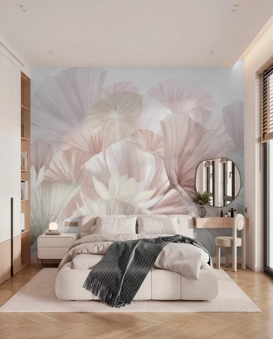 murales de pared Delicadas hojas de loto rosa con flores blancas de pétalos suaves y plumosos dispuestas en una composición artística natural w08265v1