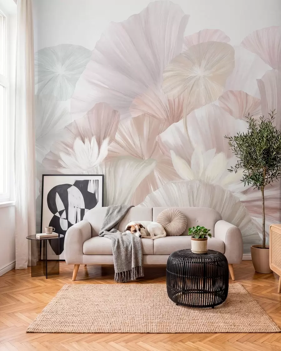 murales de pared Delicadas hojas de loto rosa con flores blancas de pétalos suaves y plumosos dispuestas en una composición artística natural w08265v1