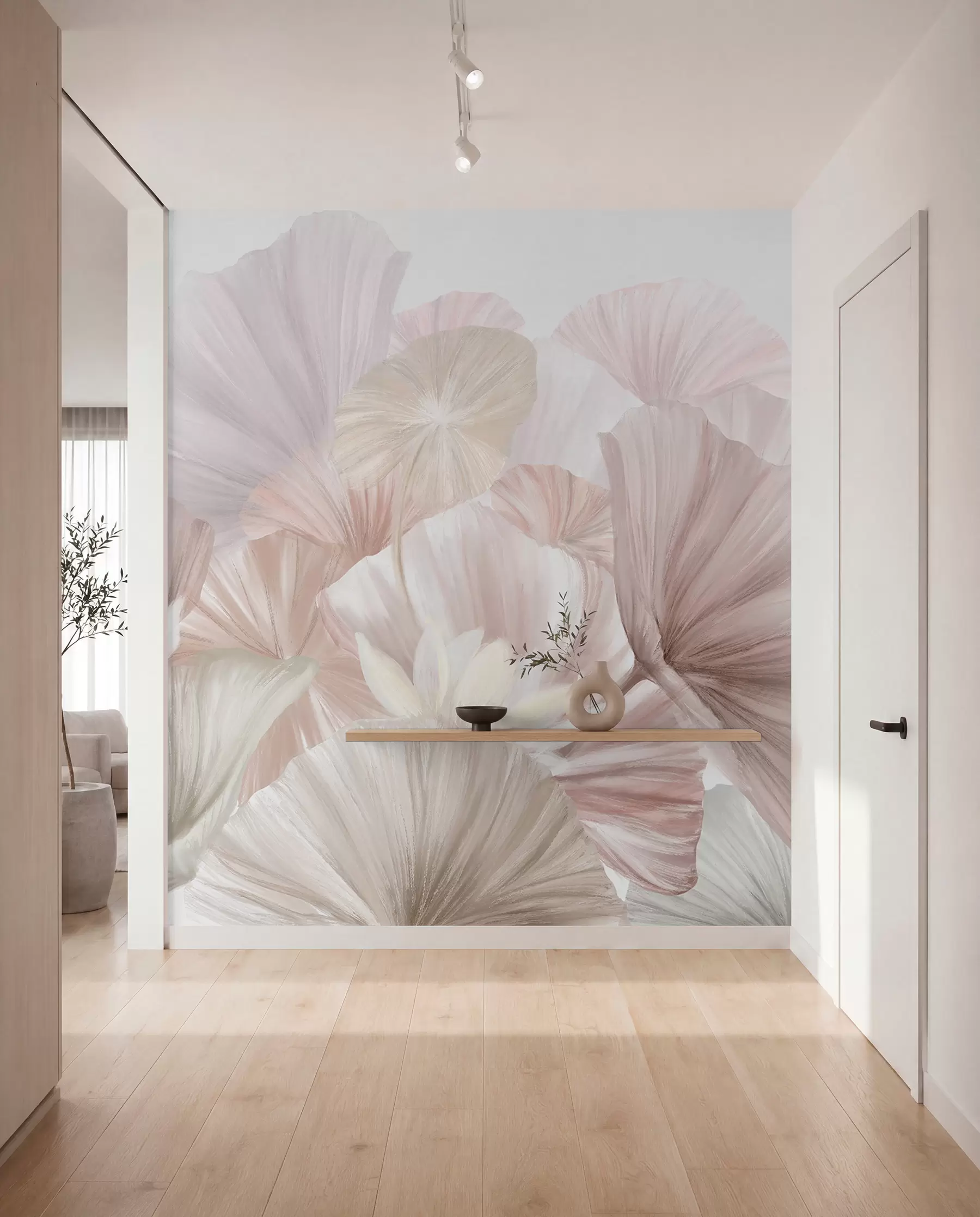 murales de pared Delicadas hojas de loto rosa con flores blancas de pétalos suaves y plumosos dispuestas en una composición artística natural w08265v1