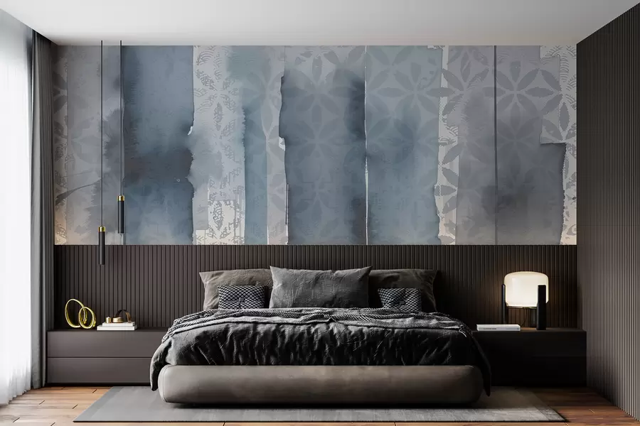 murales de pared Estampado abstracto en acuarela con grandes pinceladas azules y motivo vintage  w08267