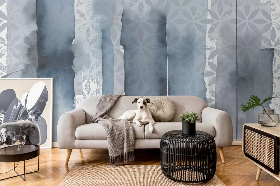 murales de pared Estampado abstracto en acuarela con grandes pinceladas azules y motivo vintage  w08267