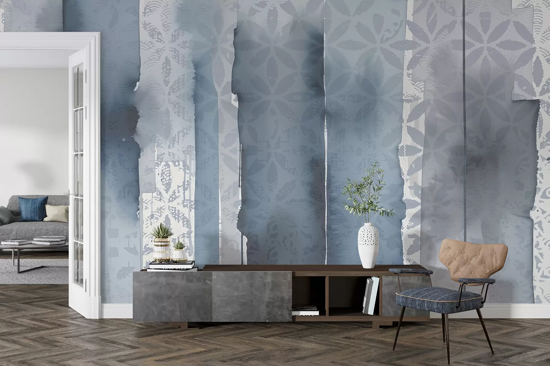 murales de pared Estampado abstracto en acuarela con grandes pinceladas azules y motivo vintage  w08267