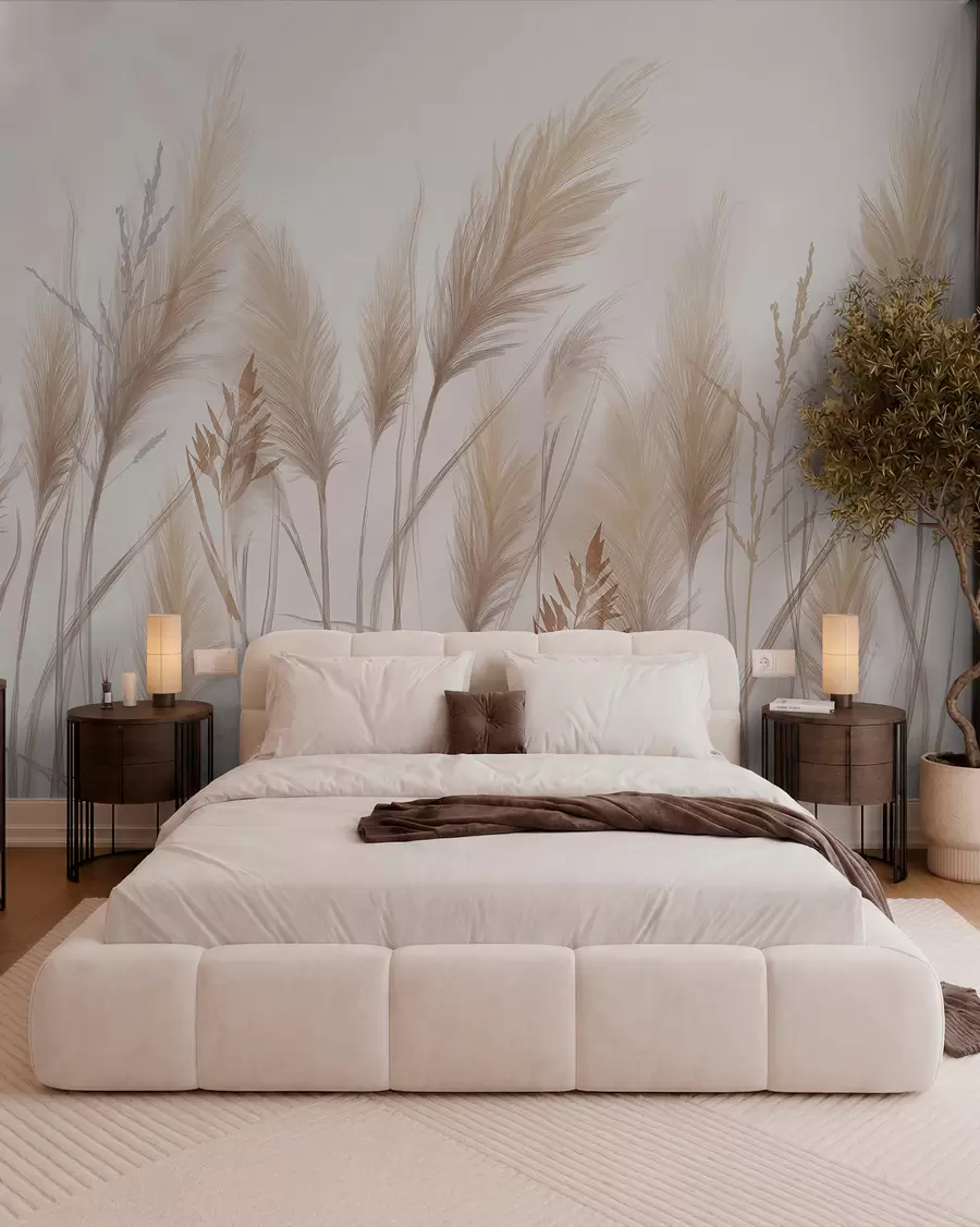 murales de pared Altas espiguillas de hierba beige mecidas por el viento sobre un fondo suave y claro w08268