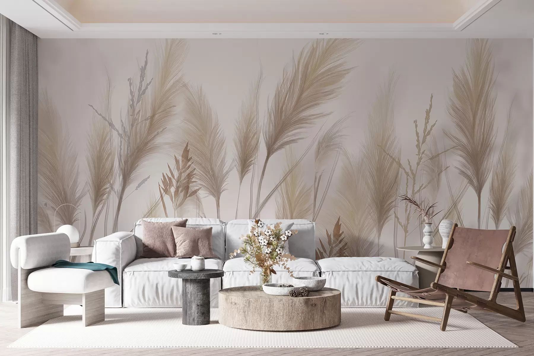murales de pared Altas espiguillas de hierba beige mecidas por el viento sobre un fondo suave y claro w08268