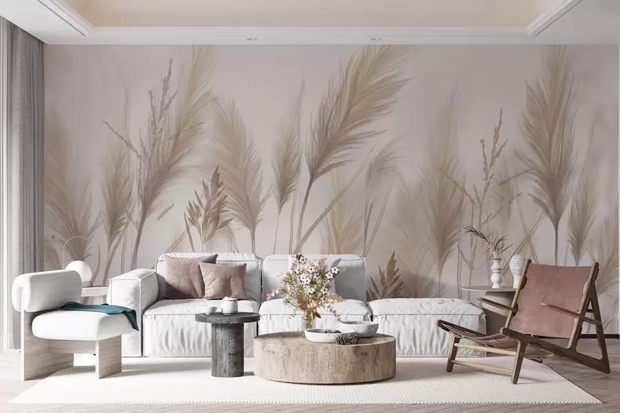 murales de pared Altas espiguillas de hierba beige mecidas por el viento sobre un fondo suave y claro w08268