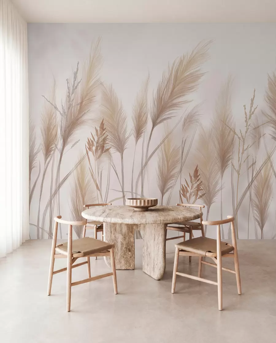 murales de pared Altas espiguillas de hierba beige mecidas por el viento sobre un fondo suave y claro w08268