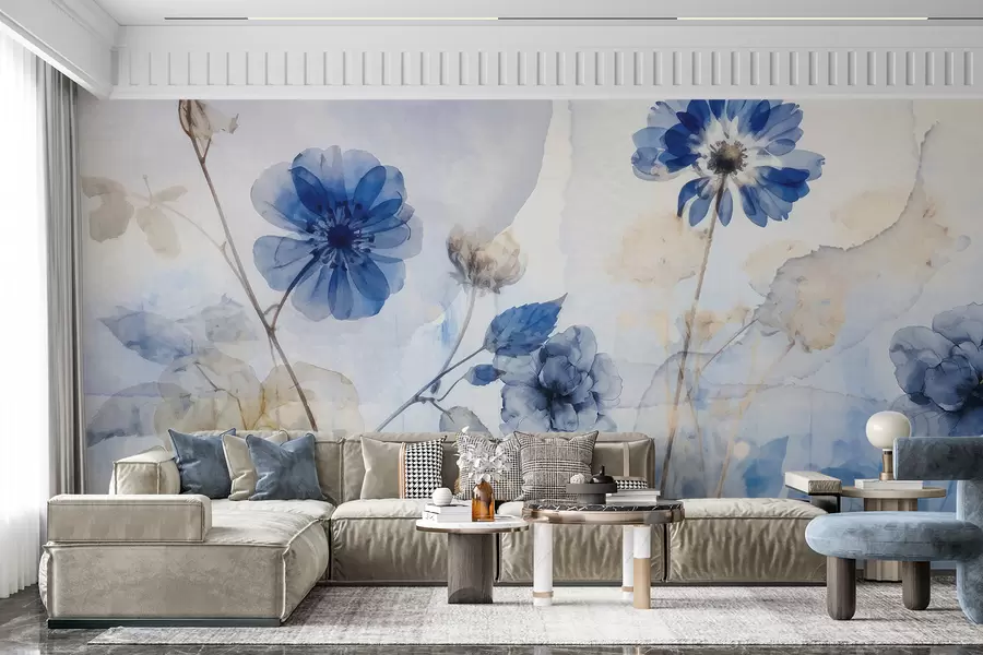 murales de pared Azul y blanco acuarela flores transparentes en un campo, con suave, borrosa fondo abstracto w08270