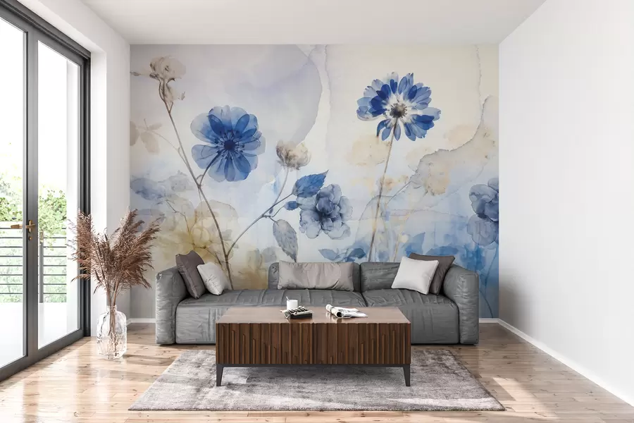 murales de pared Azul y blanco acuarela flores transparentes en un campo, con suave, borrosa fondo abstracto w08270