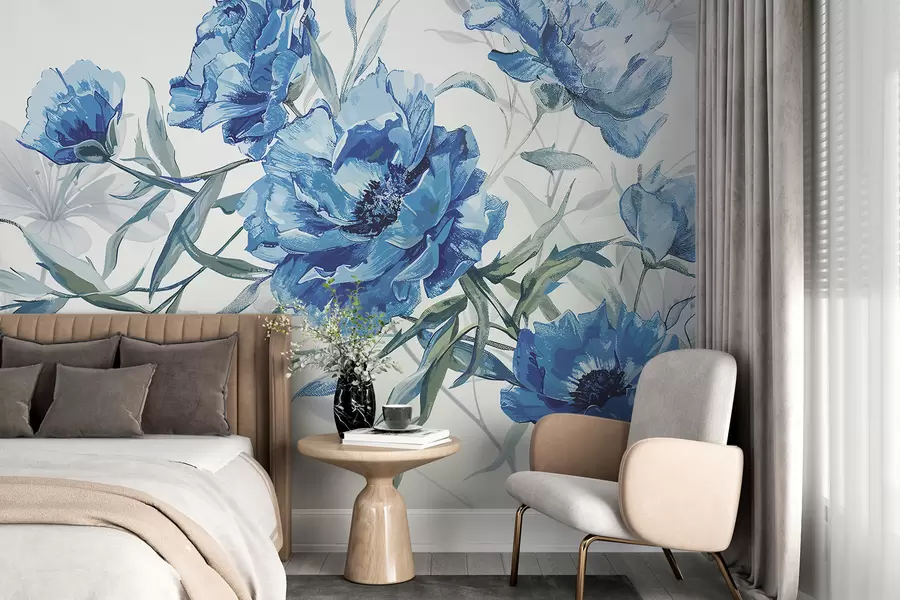 Murales de pared Pintura de peonías azules con exuberante follaje sobre un fondo abstracto claro  w08274v1 murales de pared Pintura de peonías azules con exuberante follaje sobre un fondo abstracto claro  w08274v1