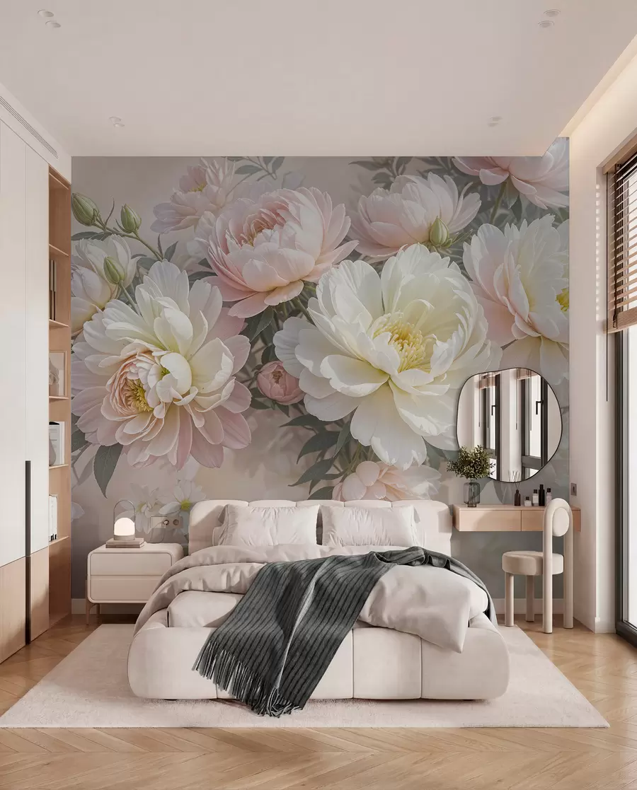 murales de pared Un ramo de exuberantes peonías de colores pastel y otras flores sobre un fondo suave y difuminado  w08276