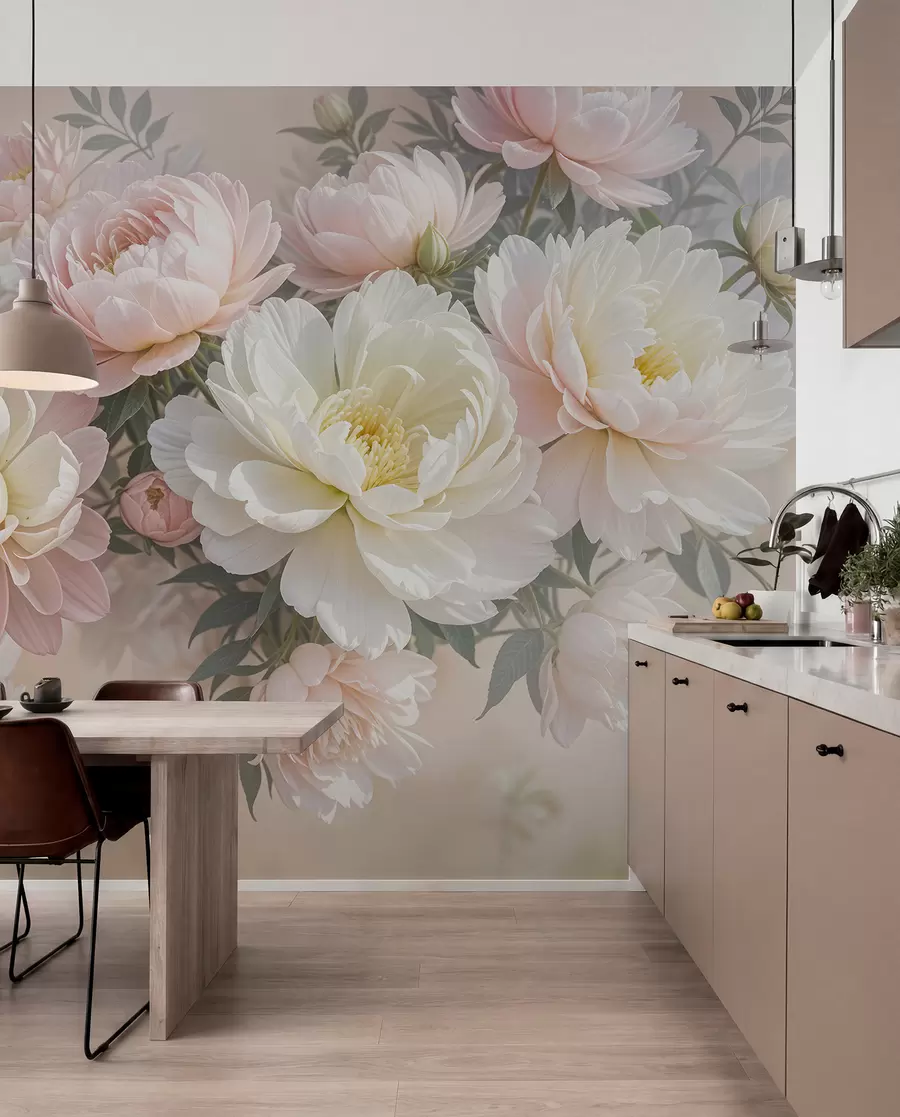 murales de pared Un ramo de exuberantes peonías de colores pastel y otras flores sobre un fondo suave y difuminado  w08276